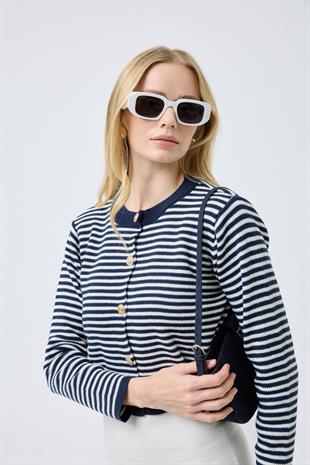 Mila Çizgili Gold Düğümeli Hırka - Lacivert 