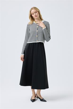 Mila Çizgili Gold Düğümeli Hırka - Siyah 