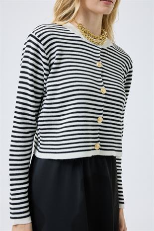 Mila Çizgili Gold Düğümeli Hırka - Siyah 