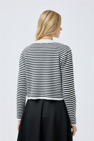 Mila Çizgili Gold Düğümeli Hırka - Siyah 