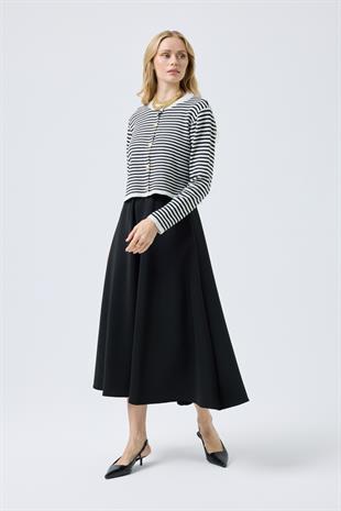 Mila Çizgili Gold Düğümeli Hırka - Siyah 