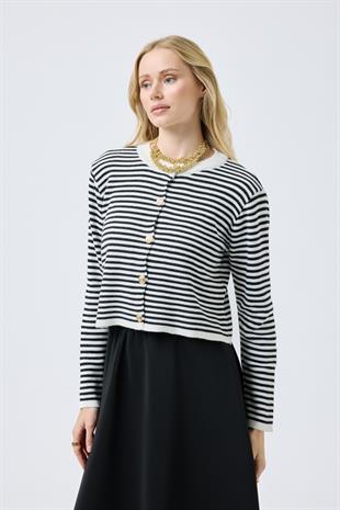 Mila Çizgili Gold Düğümeli Hırka - Siyah 