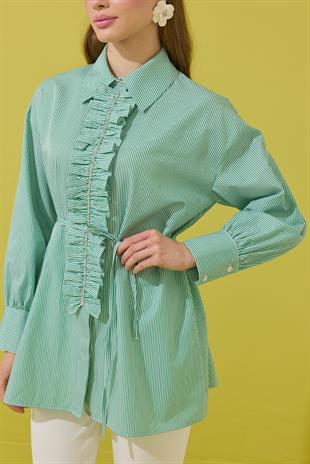 Millie Taş İşlemeli Biye Kemerli Gömlek - Yeşil