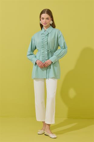 Millie Taş İşlemeli Biye Kemerli Gömlek - Yeşil