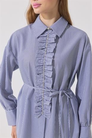 Millie Taş İşlemeli Biye Kemerli Gömlek - Lacivert 