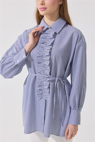 Millie Taş İşlemeli Biye Kemerli Gömlek - Lacivert 