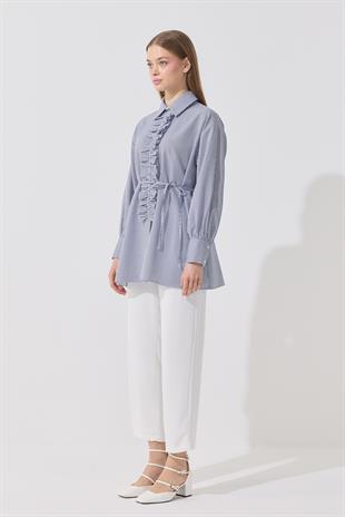 Millie Taş İşlemeli Biye Kemerli Gömlek - Lacivert 