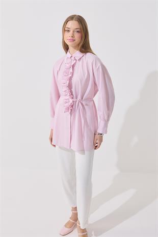 Millie Taş İşlemeli Biye Kemerli Gömlek - Pembe 