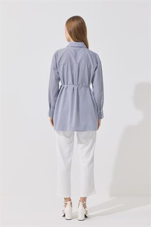 Millie Taş İşlemeli Biye Kemerli Gömlek - Lacivert 