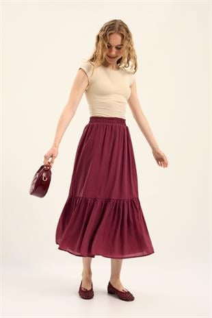 Modal Büzgülü Etek - Bordo