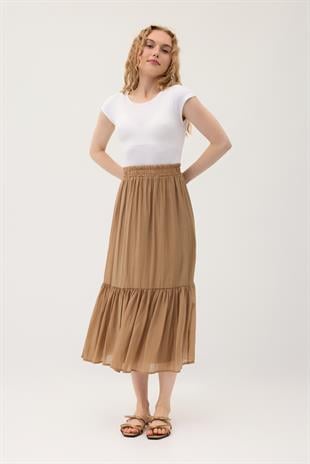 Modal Büzgülü Etek - Camel
