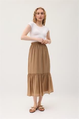 Modal Büzgülü Etek - Camel