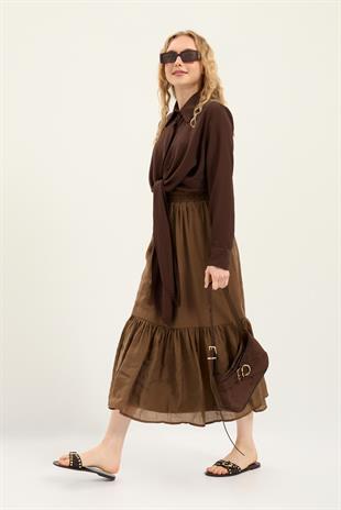 Modal Büzgülü Etek- Kahverengi