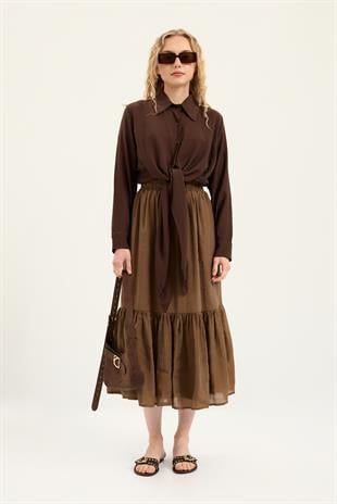 Modal Büzgülü Etek- Kahverengi