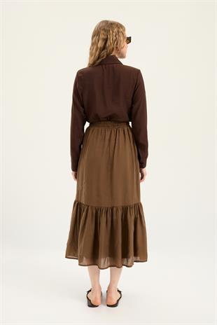 Modal Büzgülü Etek- Kahverengi