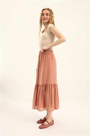 Modal Büzgülü Etek - Somon