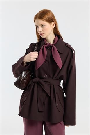 Molly Allerli Kuşaklı Trenç - Mürdüm