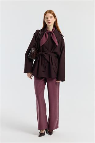 Molly Allerli Kuşaklı Trenç - Mürdüm