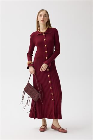 Mona Fitilli Gold Düğmeli Elbise - Bordo 