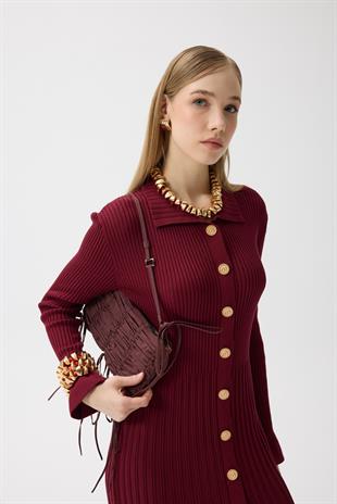 Mona Fitilli Gold Düğmeli Elbise - Bordo 