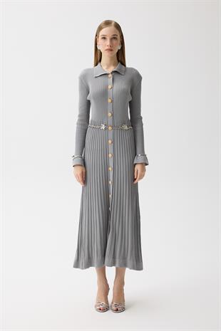 Mona Fitilli Gold Düğmeli Elbise - Gri 