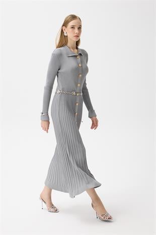 Mona Fitilli Gold Düğmeli Elbise - Gri 