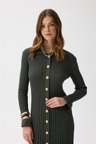 Mona Fitilli Gold Düğmeli Elbise  - Haki 