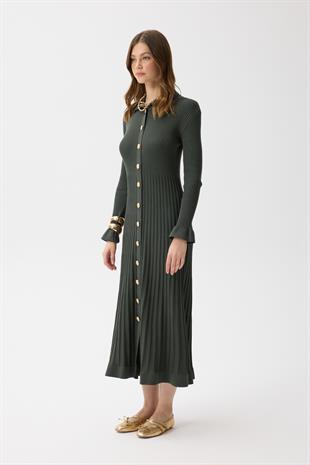Mona Fitilli Gold Düğmeli Elbise  - Haki 