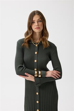 Mona Fitilli Gold Düğmeli Elbise  - Haki 