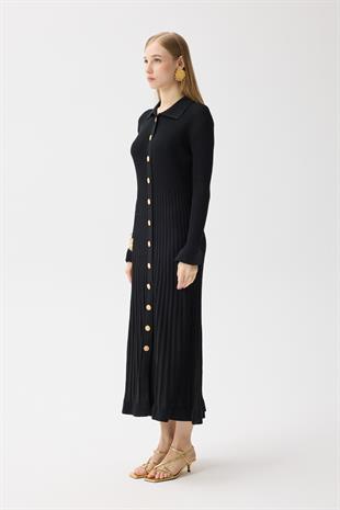 Mona Fitilli Gold Düğmeli Elbise - Siyah