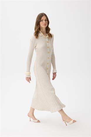 Mona Fitilli Gold Düğmeli Elbise - Taş 