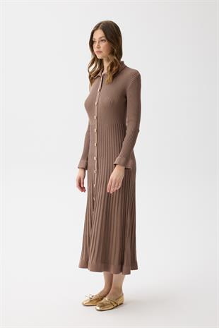 Mona Fitilli Gold Düğmeli Elbise - Vizon 