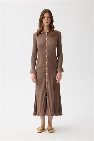 Mona Fitilli Gold Düğmeli Elbise - Vizon 