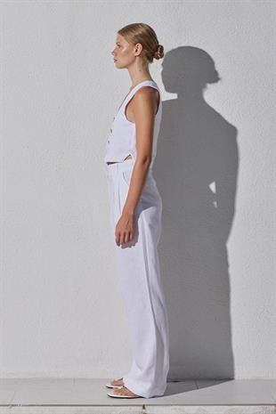 Monica Düğme Detaylı Keten Yelek - Beyaz