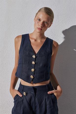 Monica Düğme Detaylı Keten Yelek - Lacivert