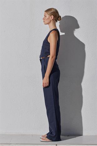 Monica Düğme Detaylı Keten Yelek - Lacivert