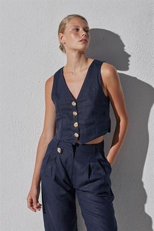 Monica Düğme Detaylı Keten Yelek - Lacivert