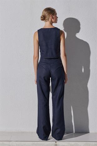 Monica Düğme Detaylı Pileli Keten Pantolon - Lacivert