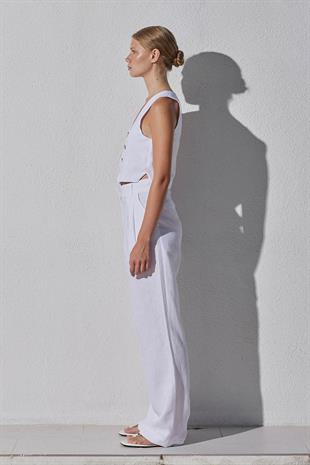 Monica Düğme Detaylı Pileli Keten Pantolon - Beyaz