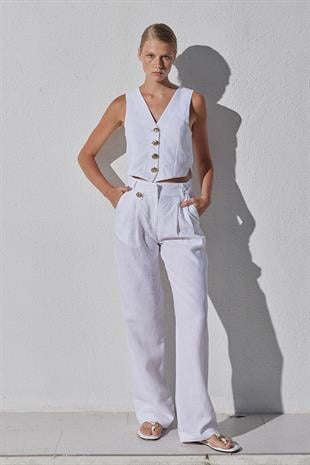 Monica Düğme Detaylı Pileli Keten Pantolon - Beyaz