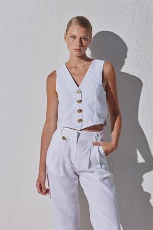 Monica Düğme Detaylı Pileli Keten Pantolon - Beyaz