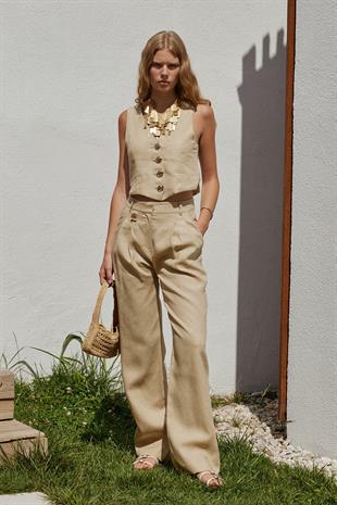 Monica Düğme Detaylı Pileli Keten Pantolon - Vizon