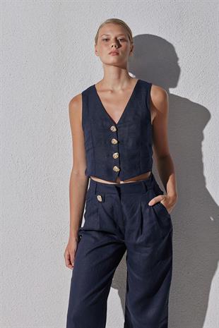 Monica Düğme Detaylı Pileli Keten Pantolon - Lacivert