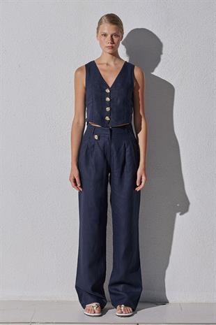 Monica Düğme Detaylı Pileli Keten Pantolon - Lacivert