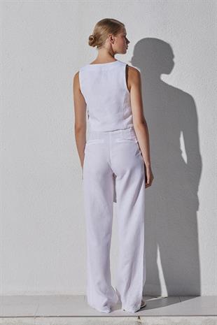 Monica Düğme Detaylı Pileli Keten Pantolon - Beyaz