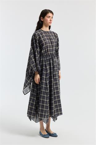 Amara Müslin Ekose Desenli Pelerin Takım- Lacivert