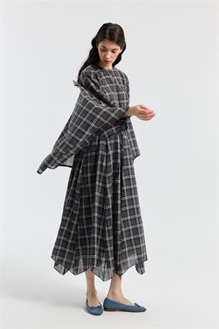 Amara Müslin Ekose Desenli Pelerin Takım- Lacivert