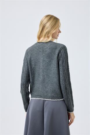 Myra Kontrast Saç Örgülü Hırka - Antrasit 