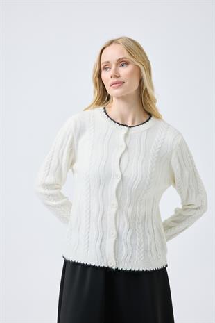 Myra Kontrast Saç Örgülü Hırka - Ekru 