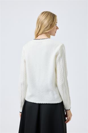 Myra Kontrast Saç Örgülü Hırka - Ekru 